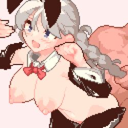 Rule 34 | 1boy, 1girl, animated, animated gif, blue eyes, breasts, clothed female nude male, fire emblem, fire emblem fates, grabbing another&#039;s hair, grey hair, looping animation, meme attire, momiahair, nina (fire emblem), nintendo, nipples, nude, pixel art, rabbit ears, reverse bunnysuit, reverse outfit, sex, sex from behind, simple background, twintails