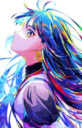 Rule 34 | 1girl, blue hair, colorful, earrings, eye (utaite), floating hair, from side, green eyes, highres, indie utaite, jewelry, multicolored hair, original, parted lips, shachi mr, short hair, simple background, solo, sparkle, upper body, white background