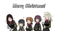 Rule 34 | 5girls, alina (girls und panzer), black gloves, black hair, black headwear, black vest, blonde hair, brown headwear, canteen, christmas, clara (girls und panzer), closed eyes, closed mouth, commentary, cup, english commentary, english text, fur hat, girls und panzer, gloves, green jacket, green jumpsuit, guropara, hat, heart, helmet, holding, holding canteen, holding cup, holding thermos, jacket, jumpsuit, katyusha (girls und panzer), long hair, long sleeves, low twintails, merry christmas, military, military uniform, mixed-language commentary, multiple girls, nina (girls und panzer), nonna (girls und panzer), open mouth, pouring, pravda military uniform, red shirt, shirt, short hair, short twintails, simple background, smile, standing, swept bangs, tank helmet, turtleneck, twintails, uniform, ushanka, vest, white background