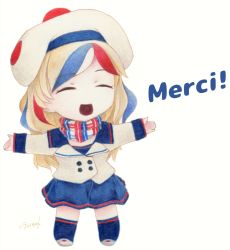 Rule 34 | artist name, beret, blonde hair, buttons, chibi, closed eyes, commandant teste (kancolle), double-breasted, dress, french text, hat, jacket, kantai collection, long hair, millipen (medium), multicolored clothes, multicolored hair, multicolored scarf, open mouth, plaid, plaid scarf, pom pom (clothes), red hair, scarf, socks, solo, streaked hair, swept bangs, tesun (g noh), traditional media, watercolor pencil (medium), wavy hair, white background