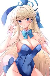 Rule 34 | 1girl, absurdres, animal ears, aqua bow, back bow, bare shoulders, blonde hair, blue archive, blue bow, blue eyes, blue leotard, blush, bow, breasts, cleavage, collar, commentary request, covered navel, cowboy shot, detached collar, double w, earpiece, expressionless, eyelashes, eyes visible through hair, fake animal ears, fake tail, groin, hair bow, hair intakes, hakugan, halo, hands up, head tilt, highres, large breasts, leotard, long hair, looking at viewer, parted lips, playboy bunny, rabbit ears, rabbit tail, simple background, solo, sparkle, standing, straight hair, swept bangs, tail, toki (blue archive), toki (bunny) (blue archive), very long hair, w, white background, white collar, white wrist cuffs, wrist cuffs