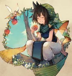 Rule 34 | 2girls, ahoge, apple, bandaged arm, bandages, black hair, blonde hair, blue sky, blush, chobi (sakuyasakuhana), closed eyes, cloud, copyright request, fairy, fairy wings, flower, flying, food, fruit, green headwear, green scarf, hat, holding, holding food, holding fruit, leaf, long hair, multiple girls, open mouth, plant, scarf, short hair, sitting, sky, smile, striped clothes, striped scarf, tree, vines, white flower, wings
