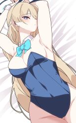 Rule 34 | 1girl, absurdres, animal ears, aqua bow, aqua bowtie, armpits, arms up, bed sheet, blonde hair, blue archive, blue leotard, blush, bow, bowtie, braid, breasts, cleavage, covered navel, detached collar, french braid, halo, highres, jirari, leotard, looking at viewer, lying, medium breasts, official alternate costume, on back, playboy bunny, presenting armpit, rabbit ears, solo, strapless, strapless leotard, thigh gap, toki (bunny) (blue archive), wrist cuffs