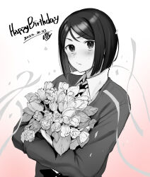 Rule 34 | 1boy, 5saiji, absurdres, birthday, blush, bouquet, closed mouth, collared shirt, dated, fate/zero, fate (series), flower, gradient background, greyscale, happy birthday, highres, holding, holding bouquet, long sleeves, looking at viewer, male focus, monochrome, shirt, signature, simple background, solo, streamers, upper body, waver velvet
