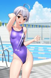 Rule 34 | 1girl, absurdres, ahoge, blue sky, breasts, clothes writing, cloud, commentary request, competition swimsuit, contrapposto, covered navel, day, grey hair, highleg, highleg swimsuit, highres, lane line, one-piece swimsuit, original, outdoors, pool, pool ladder, poolside, purple one-piece swimsuit, red eyes, short hair, sky, small breasts, smile, solo, string of flags, swimsuit, takafumi, tomboy, variant set