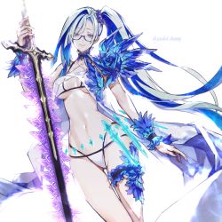 Rule 34 | 1girl, bikini, blue flower, blue rose, breasts, brynhildr (fate), brynhildr (swimsuit berserker) (fate), brynhildr (swimsuit berserker) (first ascension) (fate), closed mouth, commentary request, eyelashes, fate/grand order, fate (series), flower, glasses, green hair, hair over one eye, highres, holding, holding sword, holding weapon, koshika rina, long hair, looking at viewer, purple scrunchie, rose, scrunchie, side ponytail, smile, solo, swimsuit, sword, very long hair, watermark, weapon, white bikini