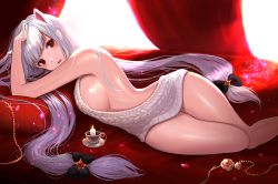 Rule 34 | 1girl, animal ears, backless dress, backless outfit, bare back, bare shoulders, blush, breasts, candle, character request, dress, grey sweater, hair ornament, large breasts, long hair, looking at viewer, lying, meme attire, naked sweater, on side, parted lips, phonic, red eyes, shiny skin, sideboob, silver hair, smile, solo, sweater, virgin killer sweater