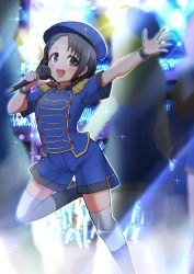 Rule 34 | 1girl, alt text, black eyes, blue footwear, blue hat, blue napoleon (idolmaster), blue shirt, blue shorts, blush, boots, braid, breasts, brooch, child, commentary request, epaulettes, hand up, hat, highres, holding, holding microphone, idol, idolmaster, idolmaster cinderella girls, jewelry, kotori ryou, leg up, legs, lights, looking afar, microphone, music, open mouth, outstretched arm, sasaki chie, shirt, short hair, short sleeves, shorts, singing, small breasts, smile, solo, stage, thighhighs, thighs, white thighhighs, wristband