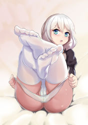 Rule 34 | 1girl, :o, absurdres, ass, black dress, blue eyes, blush, cameltoe, cleft of venus, dress, evasong, feet, foot focus, foreshortening, full body, highres, holding, holding clothes, holding panties, holding underwear, honkai (series), honkai impact 3rd, long hair, long sleeves, looking at viewer, no shoes, nun, open mouth, panties, side ponytail, socks, soles, solo, theresa apocalypse, theresa apocalypse (valkyrie pledge), thighhighs, toes, underwear, undressing, white hair, white panties, white thighhighs