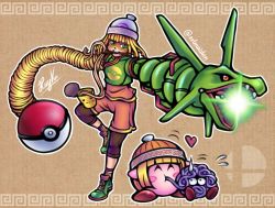 Rule 34 | 1girl, 1other, arm cannon, arms (game), blonde hair, chopsticks, chopsticks in mouth, closed eyes, commentary, copy ability, cosplay, creatures (company), eating, english commentary, firing, food, game freak, gen 1 pokemon, gen 3 pokemon, green eyes, hat, heart, kirby, kirby (series), knit hat, legendary pokemon, long hair, min min (arms), min min (arms) (cosplay), nervous, nintendo, noodles, pikachu, poke ball, poke ball (basic), poke ball symbol, pokemon, ramen, rayquaza, super smash bros., sweatdrop, tangela, thaumana, very long hair, weapon