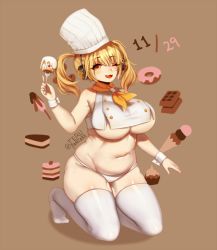 Rule 34 | 1girl, bare shoulders, bikini, blonde hair, blush, breasts, full body, headphones, huge breasts, kneeling, looking at viewer, nitroplus, open mouth, orange eyes, plump, smile, solo, super pochaco, swimsuit, thick thighs, thighhighs, thighs, twintails, underboob