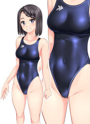 Rule 34 | 1girl, absurdres, black eyes, black hair, black one-piece swimsuit, braid, braided bangs, breasts, collarbone, commentary request, competition swimsuit, covered navel, feet out of frame, head out of frame, highleg, highleg swimsuit, highres, logo, looking at viewer, medium breasts, multiple views, one-piece swimsuit, original, parted lips, short hair, simple background, smile, swimsuit, takafumi, white background, zoom layer