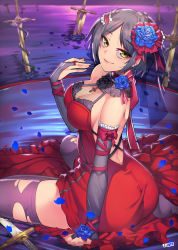 Rule 34 | 10s, 1girl, ass, back, backless outfit, bare shoulders, blue flower, blue rose, breasts, bridal gauntlets, cleavage, dress, earrings, elbow gloves, female focus, flower, gloves, grey hair, grey thighhighs, hair flower, hair ornament, hayami kanade, highres, idolmaster, idolmaster cinderella girls, jewelry, jjune, large breasts, looking at viewer, no bra, parted bangs, petals, planted, planted sword, planted weapon, red dress, rose, short dress, short hair, sitting, sleeveless, sleeveless dress, solo, sword, thighhighs, torn clothes, torn thighhighs, water, weapon, yellow eyes