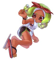 Rule 34 | 1girl, ass, black shorts, bow, bow hairband, brown eyes, commentary request, dark-skinned female, dark skin, dolphin shorts, drill hair, eyebrow cut, flip-flops, green trim, hair bow, hairband, highres, ikki (gsl 9708), korean commentary, medium hair, nintendo, octoling, octoling girl, octoling player character, red bow, red hairband, sandals, shirt, shorts, simple background, solo, splatoon (series), tentacle hair, toes, twin drills, white background, white shirt