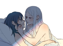 Rule 34 | 2girls, bare shoulders, blanket, blue eyes, blue hair, blush, breasts, byleth (female) (fire emblem), byleth (fire emblem), collarbone, commentary request, couple, edelgard von hresvelg, eye contact, face-to-face, fire emblem, fire emblem: three houses, from side, hair between eyes, light, long hair, looking at another, lying, multiple girls, nintendo, on back, on stomach, parted bangs, parted lips, pillow, purple eyes, riromomo, shadow, sidelocks, simple background, smile, upper body, white background, white hair, yuri