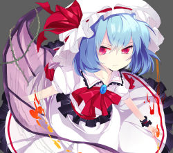 Rule 34 | (21)suke, 1girl, bad id, bad pixiv id, bat wings, blue hair, female focus, fire, frown, hat, highres, mihatarou, no nose, pink eyes, red eyes, remilia scarlet, ribbon, short hair, slit pupils, solo, thorns, touhou, wings
