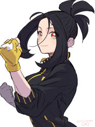 Rule 34 | 1girl, black hair, black jacket, clenched hands, closed mouth, commentary, creatures (company), cross scar, dendra (pokemon), eyelashes, fingerless gloves, game freak, gloves, highres, jacket, nintendo, pokemon, pokemon sv, ponytail, red eyes, scar, scar on face, scar on forehead, sidelocks, smile, solo, symbol-only commentary, twitter username, umi meteo, upper body, watermark, yellow gloves