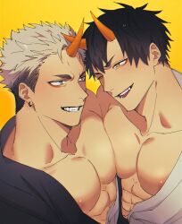 Rule 34 | 2boys, abs, absurdres, bara, bare pectorals, couple, crossed horns, eye contact, eyeliner, highres, horns, japanese clothes, kimono, looking at another, makeup, male focus, multiple boys, nachos (chos na), nipples, one eye closed, oni, orange horns, original, pectoral docking, pectoral press, pectorals, red eyeliner, single horn, thick eyebrows, upper body, yaoi