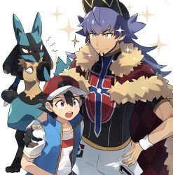 Rule 34 | 2boys, ash ketchum, baseball cap, black hair, blue jacket, bright pupils, brown eyes, cape, champion uniform, closed mouth, commentary request, creatures (company), dark-skinned male, dark skin, facial hair, fur-trimmed cape, fur trim, game freak, gen 4 pokemon, hair between eyes, hand on another&#039;s shoulder, hand on own hip, hat, highres, jacket, leon (pokemon), long hair, lucario, male focus, multiple boys, nintendo, open mouth, ou negi, pokemon, pokemon (anime), pokemon (creature), pokemon journeys, purple hair, red cape, red headwear, shield print, shirt, short hair, short sleeves, sleeveless, sleeveless jacket, smile, sparkle, sword print, t-shirt, teeth, tongue, upper teeth only, white pupils, white shirt, yellow eyes