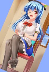 Rule 34 | 1girl, alternate breast size, black thighhighs, blue hair, breasts, coffee cup, covered erect nipples, cup, disposable cup, feet, female focus, hat, hinanawi tenshi, honda takaharu, huge breasts, large breasts, no shoes, one eye closed, red eyes, sitting, soles, solo, thighhighs, toes, touhou