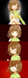 Rule 34 | :d, ^ ^, androgynous, bad end, bad id, bad twitter id, black background, brown eyes, brown hair, chara (undertale), closed eyes, comic, commentary request, evil smile, closed eyes, frisk (undertale), gameplay mechanics, gender request, highres, misha (hoongju), open mouth, outstretched hand, pov, pov hands, red background, smile, spoilers, undertale
