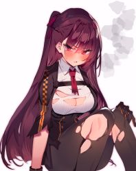 Rule 34 | 1girl, blush, braid, breasts, cleavage, french braid, girls&#039; frontline, gloves, hair ribbon, highres, large breasts, long hair, necktie, one side up, open mouth, pantyhose, purple hair, red eyes, red necktie, ribbon, simple background, sitting, smoke, solo, soukou makura, sweat, torn clothes, torn necktie, torn pantyhose, wa2000 (girls&#039; frontline), white background
