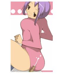 Rule 34 | ass, blush, buttjob, censored, cum, cum on ass, ejaculation, femdom, looking back, lowres, name john, penis, purple hair, smile