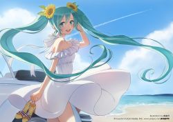 Rule 34 | 1girl, :d, aqua eyes, aqua hair, artist name, bare shoulders, beach, choker, company name, contrail, day, dress, eyebrows, flower, hair flower, hair ornament, hatsune miku, highres, holding, holding shoes, long hair, looking at viewer, morikura en, ocean, open mouth, outdoors, piapro, ribbon, sandals, unworn sandals, shoes, smile, solo, sunflower, sunflower hair ornament, teeth, twintails, upper teeth only, very long hair, vocaloid, white dress, white ribbon