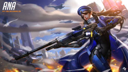 Rule 34 | 1girl, aged down, aircraft, airplane, alternate costume, ana (overwatch), artist name, battlefield, belt, black gloves, black hair, blue coat, blue hat, blurry, bodysuit, breasts, broken, brown eyes, building, burning, captain amari, character name, city, cloud, coat, cowboy shot, dark-skinned female, dark skin, depth of field, dutch angle, emblem, eye of horus, eyelashes, facial mark, facial tattoo, finger on trigger, floating hair, frown, gloves, glowing, glowing weapon, gun, hat, highres, holding, holding gun, holding weapon, lens flare, liang xing, light particles, lips, logo, long hair, long sleeves, looking to the side, motion blur, open clothes, open coat, outdoors, outstretched arm, overwatch, overwatch 1, parted lips, red lips, rifle, sky, skyscraper, smoke, solo, tattoo, wallpaper, watermark, weapon, web address, wind