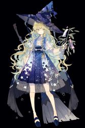 Rule 34 | 1girl, absurdres, black background, blonde hair, blue dress, blue footwear, blue hat, bow, braid, broom, chain, closed mouth, dress, full body, hair bow, hat, highres, holding, holding plant, kirisame marisa, long hair, looking at viewer, nikorashi-ka, plant, short sleeves, simple background, single braid, solo, standing, star (symbol), star print, starry sky print, tanabata, touhou, white bow, wide sleeves, witch hat, yellow eyes
