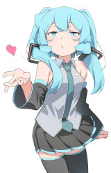 Rule 34 | 1girl, abmayo, absurdres, aqua eyes, aqua hair, bare shoulders, black thighhighs, blowing kiss, breasts, detached sleeves, green necktie, grey shirt, hair ornament, hatsune miku, heart, highres, long hair, necktie, open mouth, shirt, simple background, skirt, sleeveless, small breasts, solo, thighhighs, twintails, very long hair, vocaloid, white background