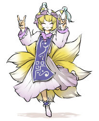 Rule 34 | 1girl, blonde hair, blush stickers, brooch, closed eyes, closed mouth, commentary request, crossed arms, fox shadow puppet, fox tail, frilled shirt collar, frilled sleeves, frills, hat, highres, jewelry, kitsune, long sleeves, mob cap, multiple tails, ofuda, peroponesosu., short hair, smile, socks, solo, tabard, tail, tassel, touhou, wide sleeves, yakumo ran