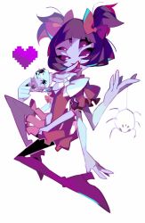 Rule 34 | 1girl, amakusa (hidorozoa), black hair, blue skin, boots, bug, colored skin, cup, dress, extra arms, extra eyes, full body, heart, high heels, arthropod girl, knee boots, looking at viewer, monster girl, muffet, purple eyes, ribbon, short hair, smile, solo, spider, spider girl, teacup, undertale, white background