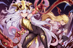 Rule 34 | &gt;:d, 2girls, absurdly long hair, absurdres, bare shoulders, big hair, blouse, bodysuit, collared shirt, elbow gloves, fang, gloves, gluteal fold, gold trim, granblue fantasy, head wings, headpiece, highres, long hair, medusa (shingeki no bahamut), multiple girls, open mouth, pantyhose, pointy ears, red eyes, red gloves, shadowverse, shanyao jiang tororo, shingeki no bahamut, shirt, silver hair, snake, snake hair, v-shaped eyebrows, vampy, very long hair, white shirt, wings