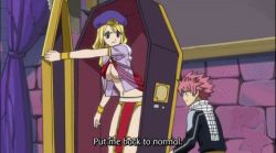 Rule 34 | animated, animated gif, blonde hair, bodysuit, breasts, bunny girl, cleavage, cosplay, fairy tail, heart, innertube, japanese clothes, karate chop, kimono, laughing, lowres, lucy heartfilia, natsu dragneel, o o, red hair, subtitled, swim ring, swimsuit, yukata