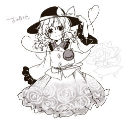 Rule 34 | 1girl, black hat, blouse, blush, bow, buttons, closed mouth, commentary, cropped legs, diamond button, eyeball, floral print, frilled shirt collar, frilled skirt, frilled sleeves, frills, greyscale, hat, hat bow, hat ribbon, heart, heart of string, iiwake, komeiji koishi, light smile, long sleeves, looking at viewer, medium hair, monochrome, ribbon, rose print, shirt, simple background, skirt, solo, third eye, touhou, wavy hair, white background, wide sleeves
