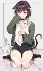 Rule 34 | 1girl, absurdres, animal, animal ears, artist name, black footwear, black shorts, blush, breasts, brown eyes, brown hair, cat, cat ears, cat tail, choker, cleavage, collared shirt, commentary request, crying, crying with eyes open, dress shirt, fang, garin, green jacket, highres, indoors, jacket, medium breasts, open mouth, original, scratches, shirt, short hair, shorts, sitting, sketching, sleeves past wrists, solo, tail, tears, thighs, wariza, white cat, white shirt