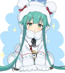Rule 34 | 1girl, :o, all fours, aqua hair, black pantyhose, blue archive, blush, coat, full body, gloves, green eyes, halo, highres, hood, hood up, hooded coat, long hair, long sleeves, looking at viewer, momiji (blue archive), momomatang, pantyhose, pom pom (clothes), solo, sparkle, very long hair, white coat, white gloves, winter clothes, winter coat