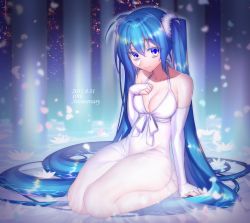 Rule 34 | 1girl, 2017, absurdres, anniversary, bad id, bad pixiv id, blue eyes, blue hair, breasts, bridal gauntlets, chou negi, cleavage, covered navel, dated, dress, full body, hatsune miku, highres, long hair, looking at viewer, seiza, sitting, smile, solo, twintails, very long hair, vocaloid, white dress