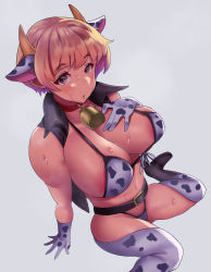 Rule 34 | 1girl, animal ears, animal print, becky-4545, bell, belt, bikini, blonde hair, blush, boots, breasts, brown eyes, collar, cow ears, cow girl, cow horns, cow print, cowbell, earrings, fukuda noriko, horns, idolmaster, idolmaster million live!, iridescent, jewelry, large breasts, looking at viewer, neck bell, open clothes, open mouth, open vest, short hair, simple background, sweat, swimsuit, thigh boots, thighhighs, vest, white background