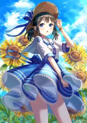 Rule 34 | 1girl, arm up, black hair, blue bow, blue eyes, blue skirt, blue sky, blurry, blurry background, blush, bow, breasts, brown hat, cloud, cloudy sky, commentary request, day, depth of field, flower, hand on headwear, hat, hat bow, highres, looking at viewer, low twintails, original, outdoors, parted lips, pleated skirt, ruda (ruda e), sailor collar, shirt, short twintails, skirt, sky, small breasts, solo, standing, striped, striped bow, sun hat, sunflower, twintails, watch, white sailor collar, white shirt, wristwatch, yellow flower