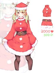 1girl alternate_costume antlers belt black_belt black_pantyhose breasts ceres_fauna christmas commentary cropped_legs dress english_commentary fur-trimmed_dress fur-trimmed_headwear fur_trim green_hair hair_ribbon hat highres hololive hololive_english horns large_breasts long_hair long_sleeves looking_at_viewer ma_draws pantyhose pom_pom_(clothes) red_dress red_hat ribbon santa_costume santa_hat simple_background twintails twitter_strip_game virtual_youtuber white_background yellow_eyes zoom_layer