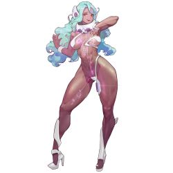 Rule 34 | 1girl, abs, blue hair, bodysuit, breasts, dark-skinned female, dark skin, drill hair, full body, game cg, hair between eyes, high heels, highres, holographic interface, last origin, light blue hair, long hair, looking at viewer, mechanical parts, muscular, muscular female, navel, official art, open mouth, orange eyes, revealing clothes, rorobomb, scathy, smile, solo, tachi-e, transparent background, wavy hair