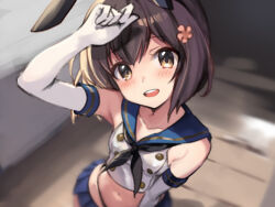 Rule 34 | 1girl, black hairband, black neckerchief, black panties, blue sailor collar, blue skirt, blurry, brown eyes, brown hair, cosplay, crop top, depth of field, eckert&amp;eich, elbow gloves, flower, gloves, hair flower, hair ornament, hairband, highleg, highleg panties, kantai collection, looking at viewer, microskirt, miniskirt, neckerchief, one-hour drawing challenge, open mouth, panties, pleated skirt, round teeth, sailor collar, shimakaze (kancolle), shimakaze (kancolle) (cosplay), shirt, short hair, skirt, sleeveless, sleeveless shirt, solo, standing, striped clothes, striped thighhighs, teeth, thighhighs, underwear, upper teeth only, white gloves, yukikaze (kancolle), yukikaze kai ni (kancolle)