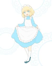 Rule 34 | 1girl, :d, absurdres, apron, blonde hair, blue dress, blue eyes, blue footwear, commentary request, diode (0 division), doily, dress, frilled apron, frills, full body, highres, long sleeves, looking at viewer, maid, maid apron, maid headdress, open mouth, original, shoes, skirt hold, smile, socks, solo, standing, standing on one leg, white apron, white background, white socks