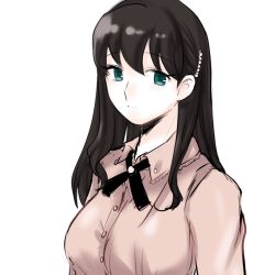 Rule 34 | 1girl, alternate eye color, alternate hair color, alternate universe, bad id, bad twitter id, black hair, black ribbon, blouse, bolo tie, buttons, collar, expressionless, fate/stay night, fate (series), green eyes, hair ornament, hairclip, jacket, looking at viewer, lovemedo mint, matou sakura, pink jacket, ribbon, shirt, simple background, solo, tohsaka sakura, upper body, white background