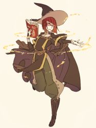 Rule 34 | 1girl, ai-wa, blunt bangs, book, boots, bridal gauntlets, cape, fire, fire emblem, fire emblem awakening, full body, glasses, gloves, hat, holding, knee boots, magic, miriel (fire emblem), nintendo, open book, outstretched arm, pants, pants tucked in, parted bangs, puffy pants, red hair, short hair, simple background, solo, standing, standing on one leg, witch hat