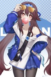 Rule 34 | 1girl, arm up, bag, bare shoulders, black nails, black pantyhose, blue hairband, blue jacket, brown hair, blowing bubbles, casual, chewing gum, collarbone, commentary request, contemporary, cowboy shot, genshin impact, hair between eyes, hairband, highres, hu tao (genshin impact), hu tao (lawson) (genshin impact), jacket, lawson, linreplica, long hair, long sleeves, nail polish, off-shoulder shirt, off shoulder, official alternate costume, open clothes, open jacket, pantyhose, pleated skirt, red eyes, shirt, skirt, solo, twintails, very long hair, white shirt