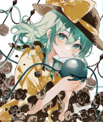 Rule 34 | 1girl, black flower, black hat, black rose, bow, buttons, closed mouth, commentary request, diamond button, eyeball, flower, frilled sleeves, frills, green eyes, green hair, green nails, hat, hat bow, heart, heart of string, holding, komeiji koishi, long hair, looking at viewer, rose, shirt, smile, solo, third eye, touhou, twitter username, upper body, uzmee, yellow bow, yellow shirt