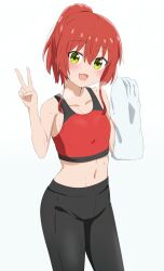 Rule 34 | 1girl, :d, alternate hairstyle, black pants, blush, bocchi the rock!, breasts, collarbone, commentary request, crop top, dars (recolors), green eyes, hair between eyes, highres, holding, holding towel, kita ikuyo, long hair, navel, open mouth, pants, ponytail, red hair, red sports bra, small breasts, smile, solo, sports bra, towel, v